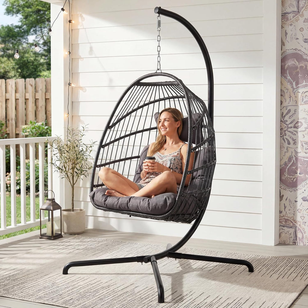 With Stand, Foldable Hanging Egg Chair Outdoor | 350 Lbs Heavy Duty, Foldable, PE Rattan Wicker Egg Swing Chair