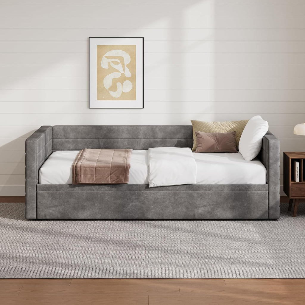 Twin to King Size Upholstered Daybed with Trundle | Space Saving Chenille Sofa Bed, Extended Pop Up Trundle, Metal