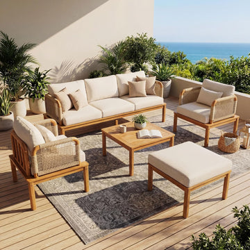 Outdoor 5-Piece Acacia Wood & Rope Patio Sofa Set with Ottoman & Table, Water-Repellent Cushions, for Garden & Patio