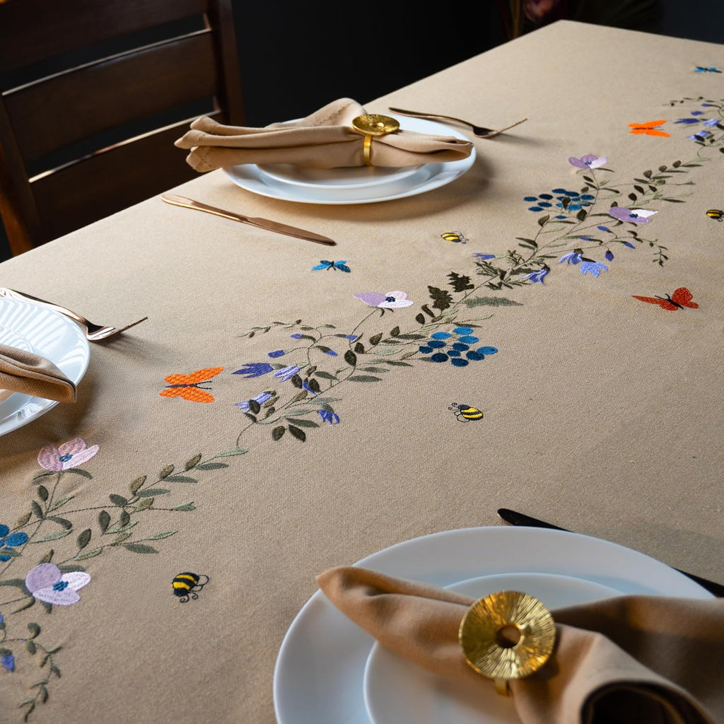 Embroidered Cotton Tablecloth 60 x 60 Inch Square - Washable & Colorfast Table Cover, Farmhouse, Kit