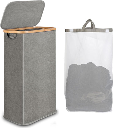 65L Slim Laundry Hamper, Narrow Laundry Basket with Lid,Foldable Clothes Hamper with Bamboo Handles,Hamper Basket