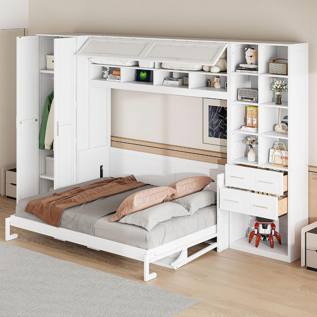Queen Murphy Bed with Tall 90.6" Closet Wardrobe & Shelves & Drawers, All-in-One Multi-Storage Side Flip Wood MDF