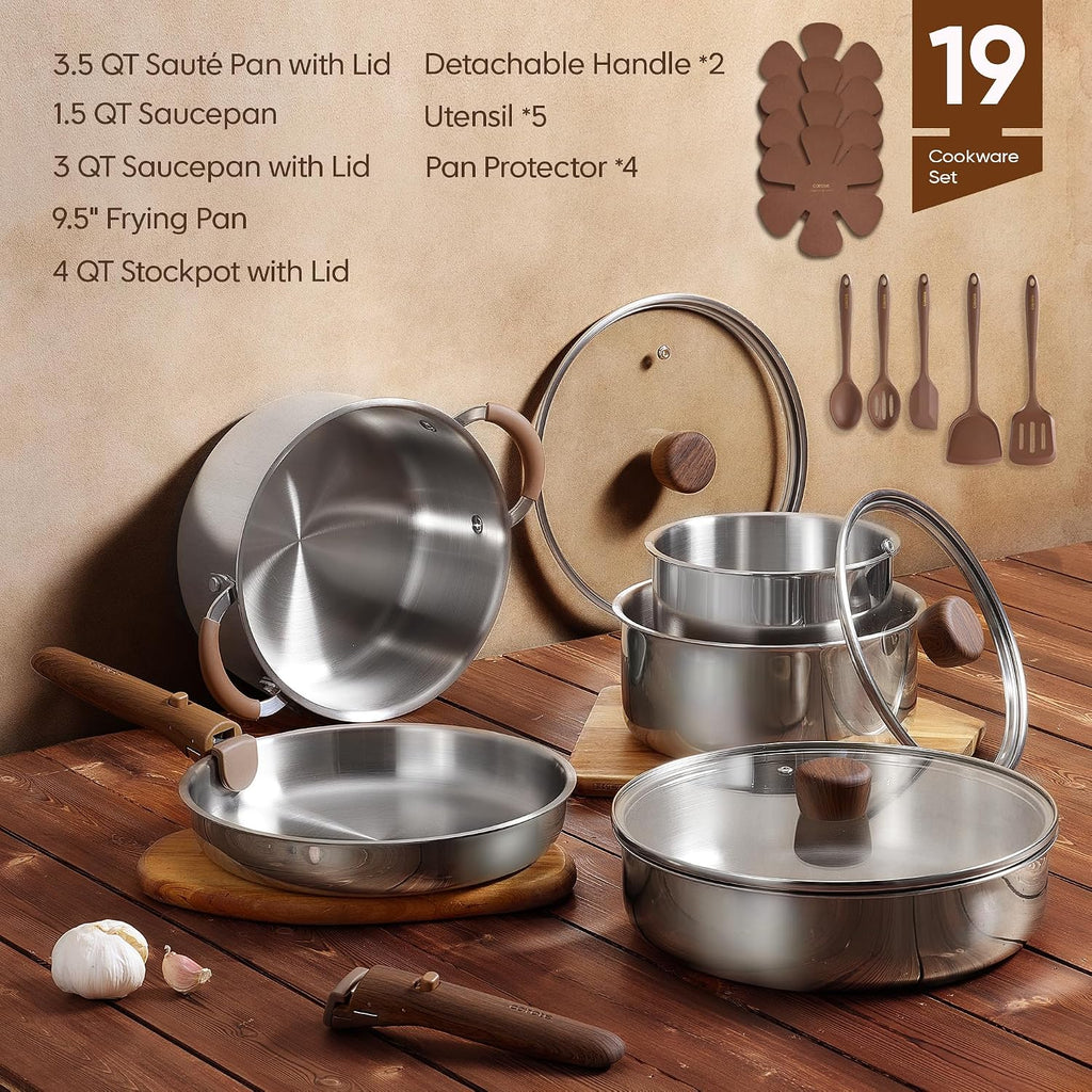 19pcs Tri-Ply Stainless Steel Cookware Set with Detachable Handle | Pots and Pans Set, Even Heating, Non-Toxic