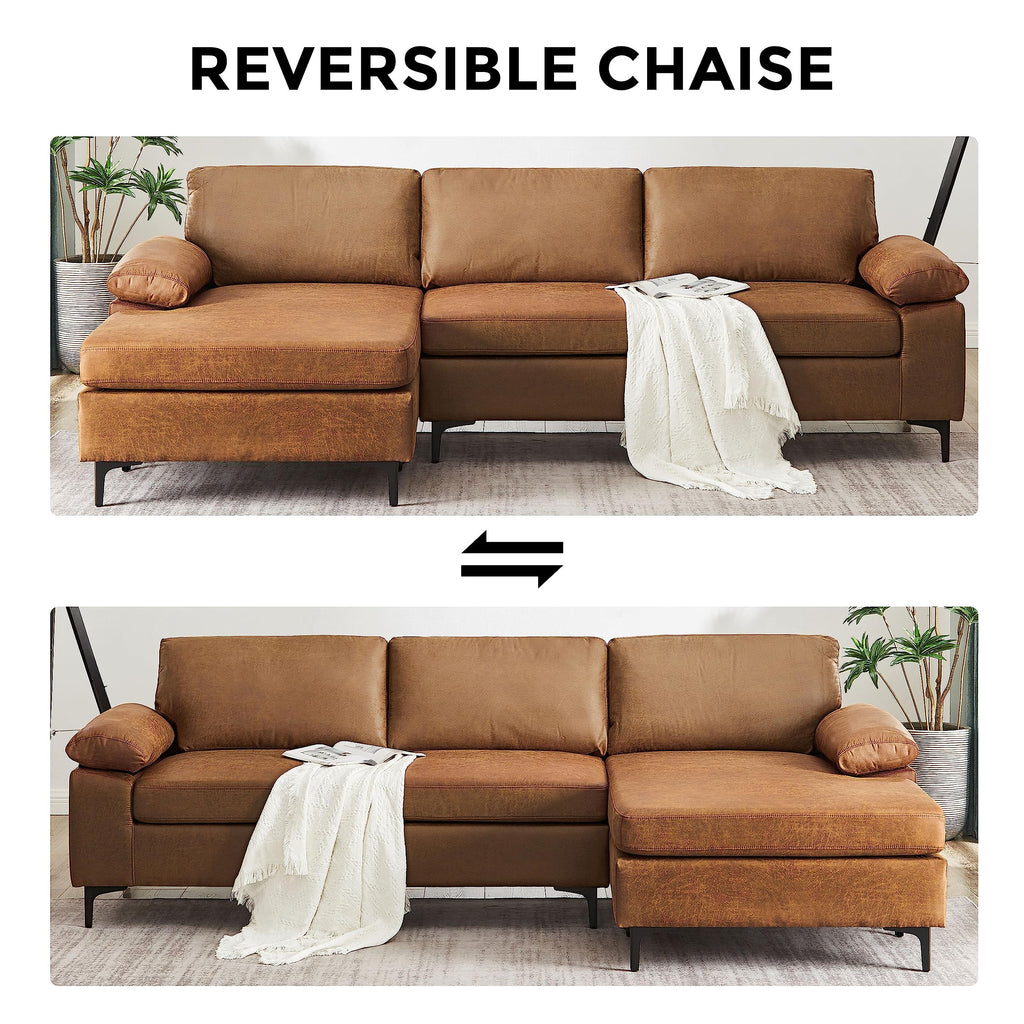 Faux Leather Couch with Reversible Chaise, Brown