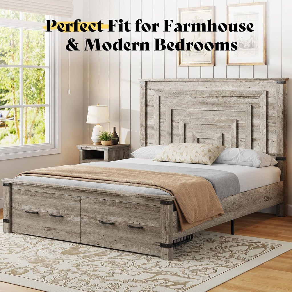 Farmhouse Queen Bed Frame with 54" Tall Geometric Headboard & Footboard, Rustic Wood Platform Bed Frame with Large