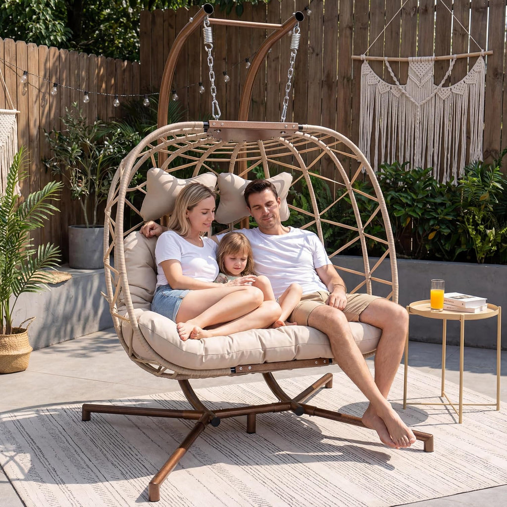 Double Egg Swing Chair with Stand, Oversized 2 Person Seat, Beige | 5" Thick Cushion, 230g Fabric, 680lbs Heavy-Duty