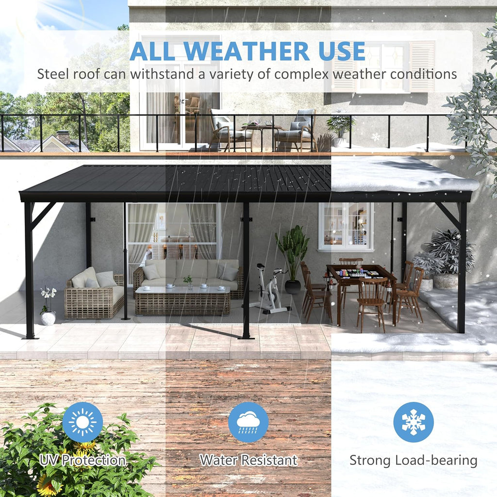 12' x 20' Hardtop Lean-to Gazebo, Wall-Mounted Aluminum Pergola with Adjustable Support Posts – Black