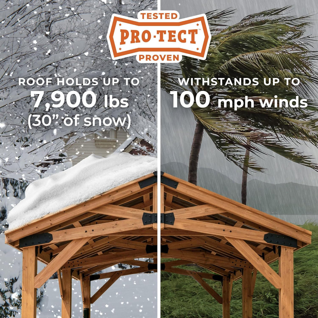 12' x 12' Cedar Wood Outdoor Gazebo Pavilion with Hardtop Galvanized Steel Peak Roof, Snow Support