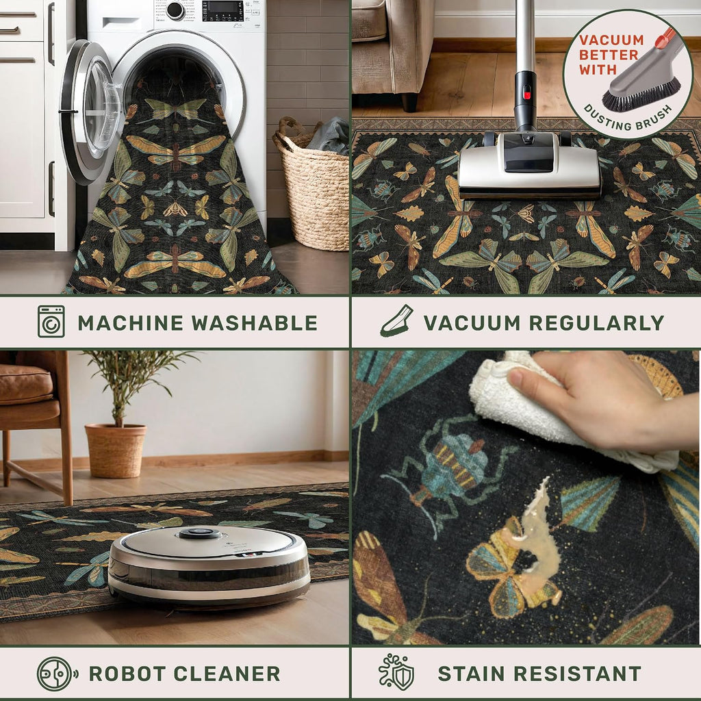 Dark Black Boho 2x10 Rug Runners for Hallways, Washable Non Slip Long Runner Rug, Low Pile & Soft Stain Resistant