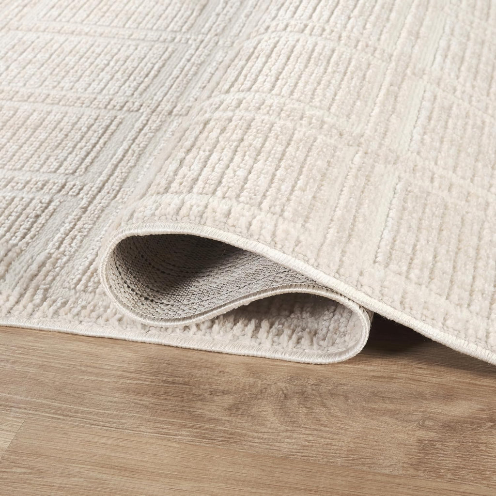 Beige Area Rug - Burke Collection - Checkered Grid Pattern - Easy to Clean - Durable, or Office, Pet &