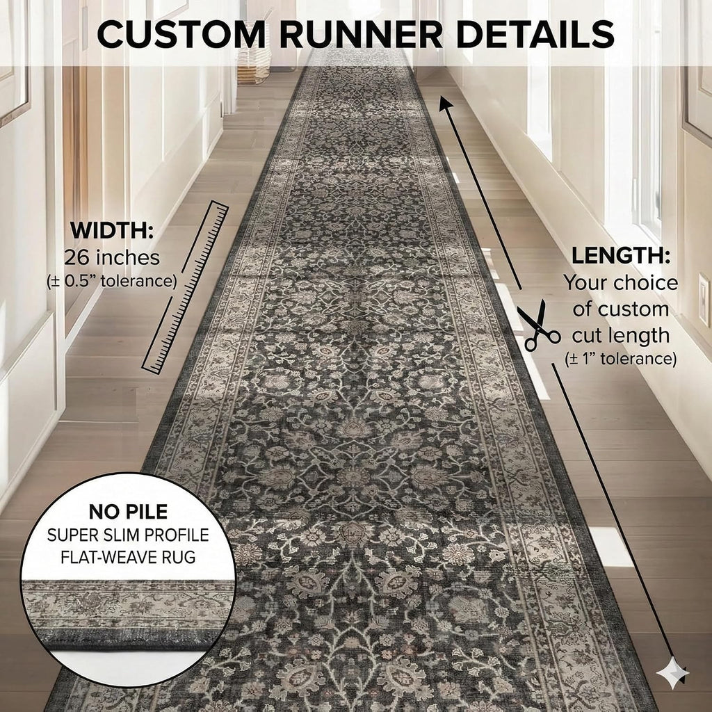 Custom Size Hallway & Stair Runner- Asha Rome Black 26 Inches Wide Super Thin Long Runner (26" x 3' Runner) Rug