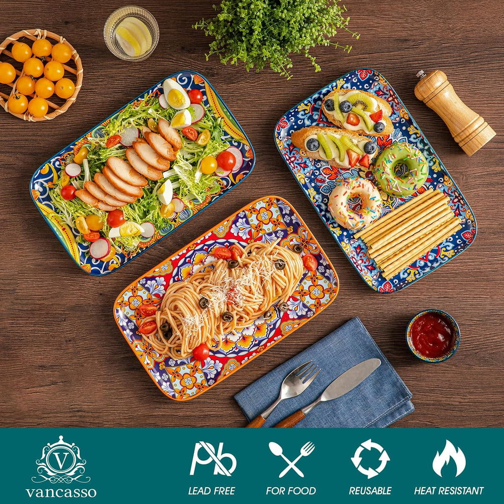 Serving Platters Set of 4, 12" x 7.4" Inch Rectangular Trays Large | Ceramic Serving Dish for Entertaining Food