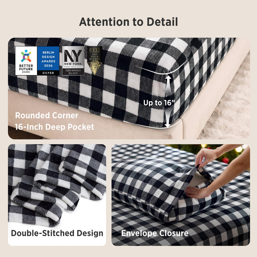 Plaid Fleece Sheets, 4PC Anti-Static & Warm Bed Sheets