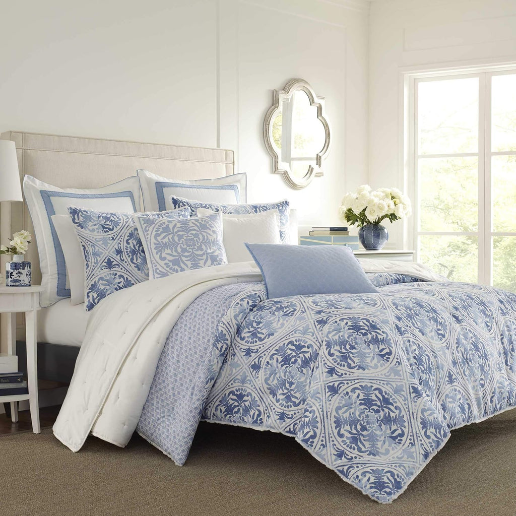 Euro Sham, Soft Faux Linen Ramie Cotton Decorative Pillow Cover with Border Detail, 26x26, Room Decor (Mila Blue)