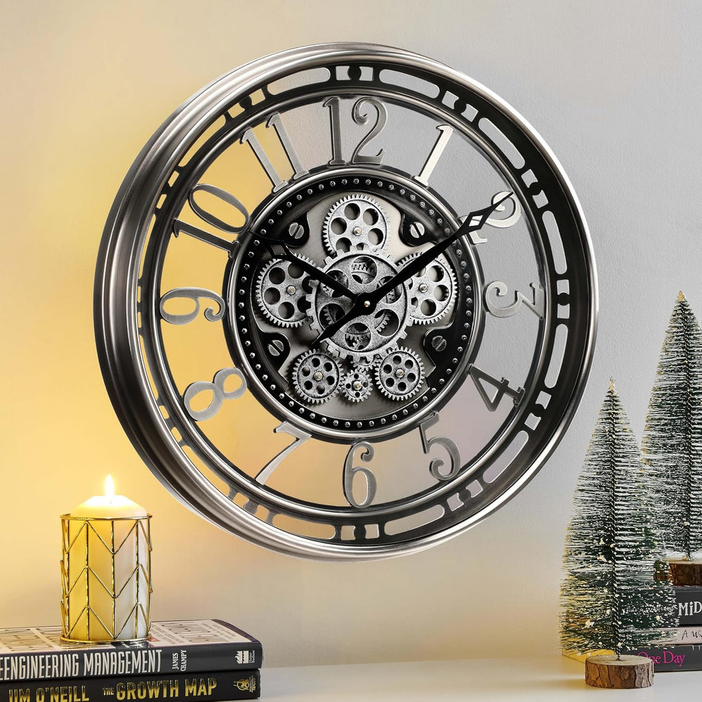 Inch Large Moving Gear Wall Clock,Industrial Steampunk Decor,Decorative Wall Clock for Modern Farmhouse Living Room Decor,Gunmetal...