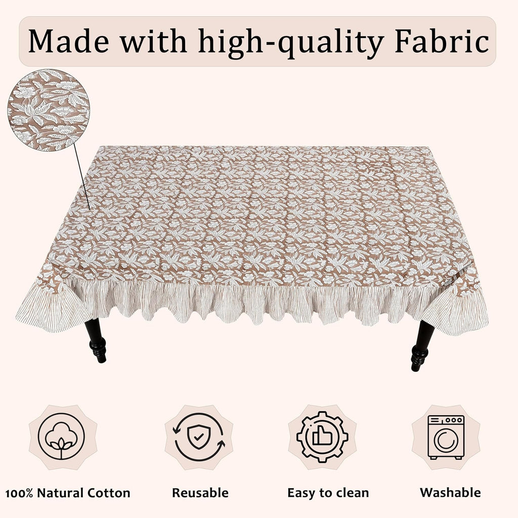 Oak Brown Ruffle Block Print Tablecloth 100% Cotton 60x120 Rectangle Floral Table Cover, Elegant, Vi