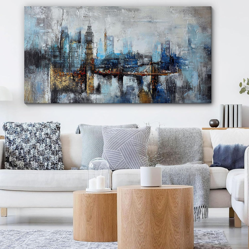 Large Wall Art Abstract City View Canvas Art Modern Home Decor Gray Blue Buildings Prints Wall Art Office Artwork