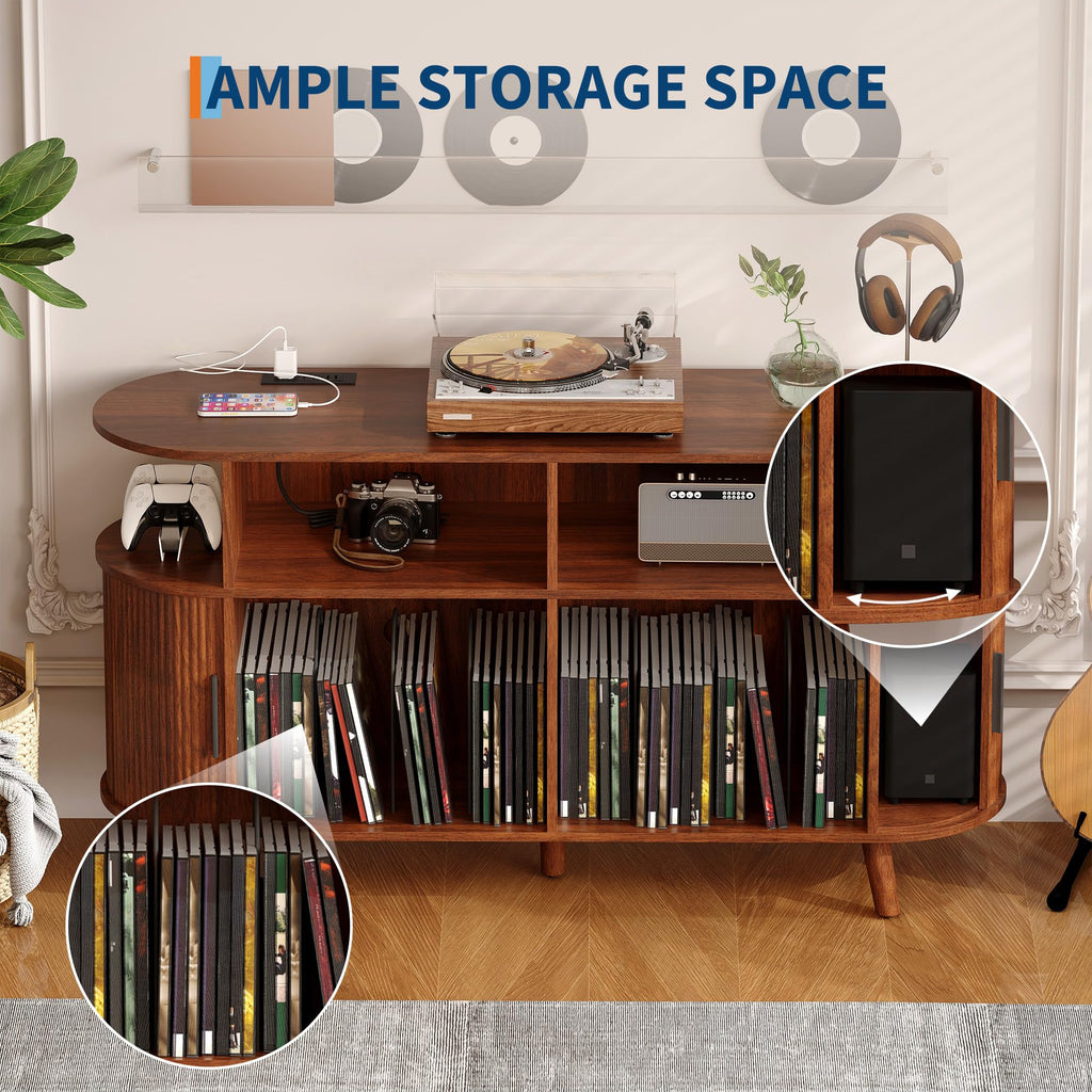 55'' Fluted Mid Century Modern Turntable Cabinet with Vinyl Storage, Large Round Record Player Stand with Charging