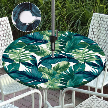 Round Outdoor Tablecloth with Umbrella Hole Zippered Fitted Tablecloth with Elastic Palm Leaves Table Cloth Cover for