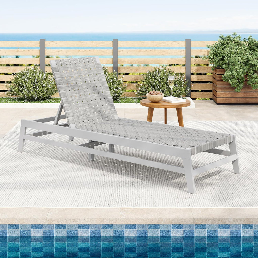 Rope Chaise Lounge with Acacia Wood Frame, Adjustable Backrest Single Lounge Sofa, Patio Sun Lounger Recliner