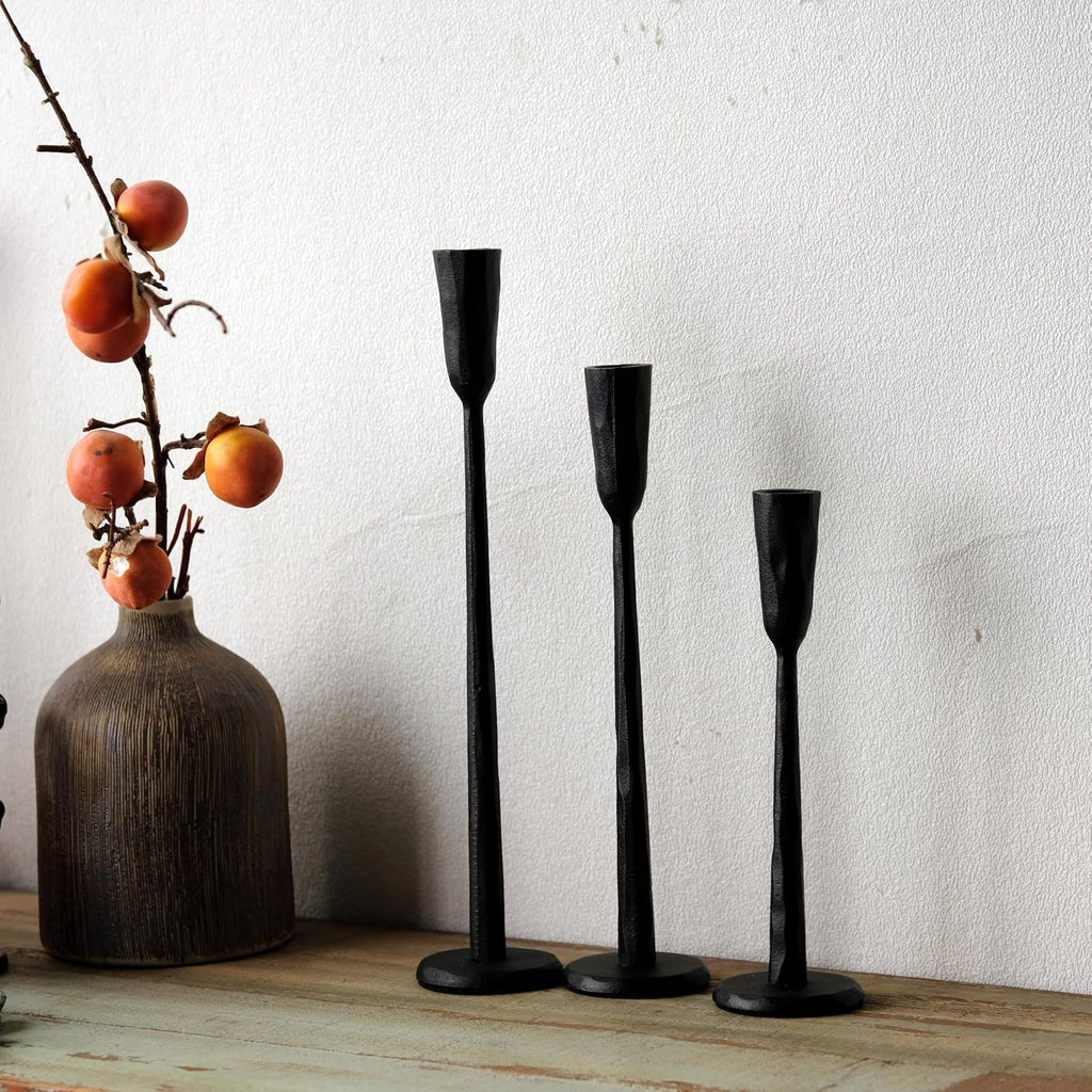 Black Iron Taper Candle Holder Set of 3, Heavy Wrought Iron Candlestick Holders Decorative Candle Stand, Vintage