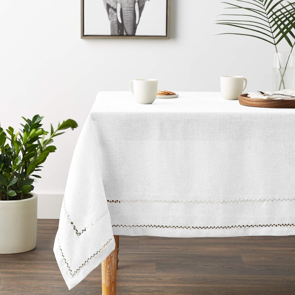 Hem Stitch Embroidered Vintage Design Tablecloth White 68" by 108" Oblong/Rectangle