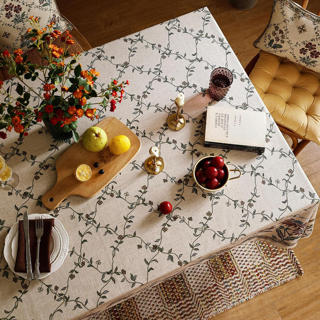 Designer Linen French Tablecloth for Rectangle Table,Fall Country Breathable Floral Tablecloths,Tabl