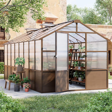 8x16 FT Wooden Walk in Polycarbonate Greenhouse for Outdoors | Heavy Duty Green Houses with Locked Door, Roof Vent