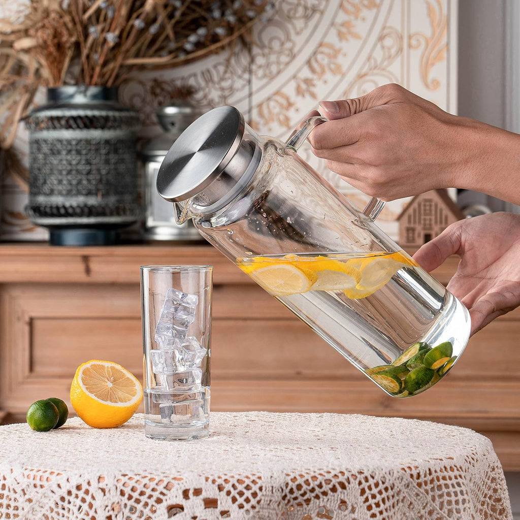 Set of 2 Glass Pitcher with Lid,2 Quart (64 oz / 1.9 Liter) Leak Proof,Glass Water Jugs, BPA-Free,Microwave &