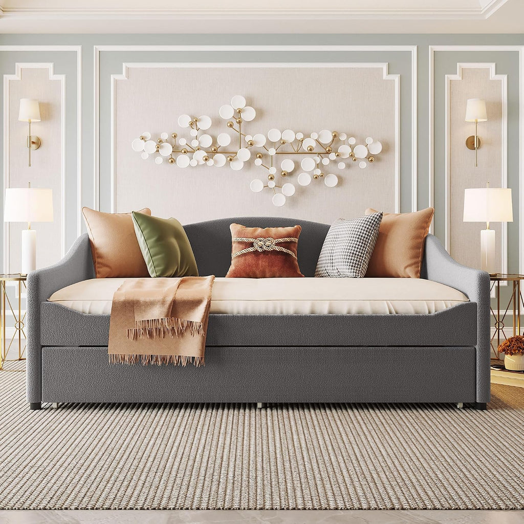 Teddy Fleece Upholstered Daybed with Light and Trundle, Full, Gray