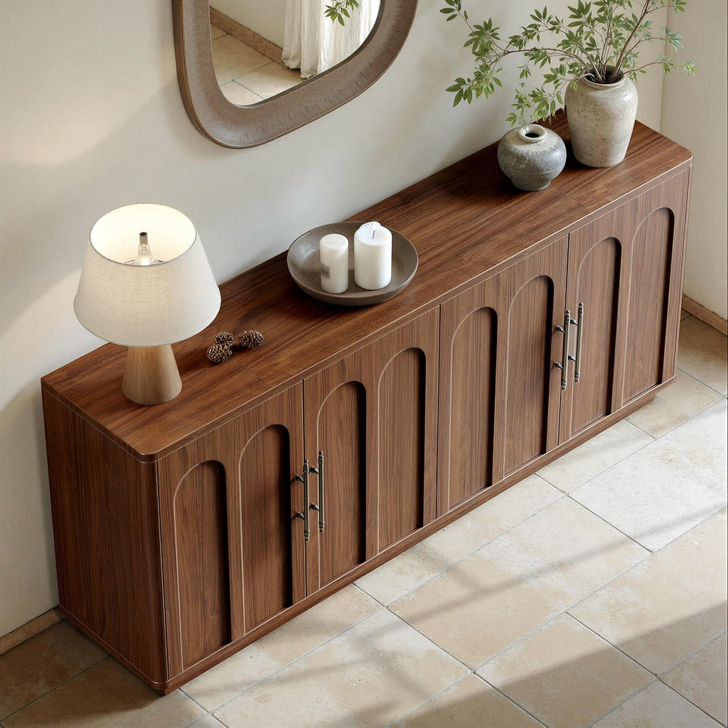 67" Arched Walnut Buffet Cabinet with Storage, Large Credenza with 4 Doors