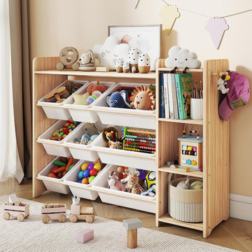 Kids Toy Storage Organizer, Wooden Shelf with 3 Tiers and 9 Storage Bins, Nursery Room Organizer for Books and Toys