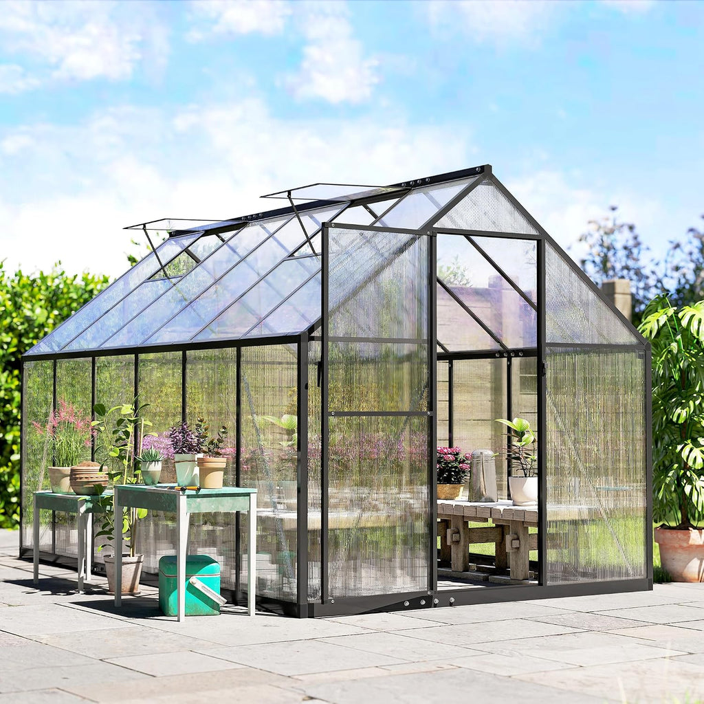 11x6 ft Polycarbonate Greenhouse with Swing Door, Black | Two Adjustable Roof Vents, Aluminum Walk-in Hothouse