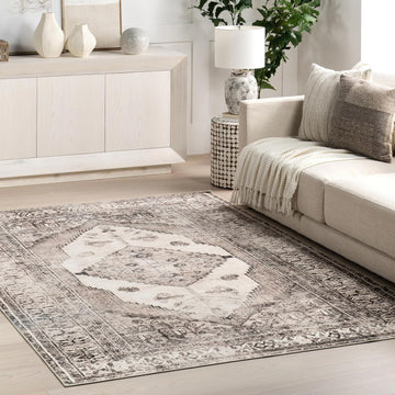 Gladys Machine Washable Vintage Medallion Ultra Thin Area Rug, Light Grey