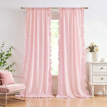 Blush Pink Buffalo Plaid Ruffle Window Curtains 84 Inches Long
