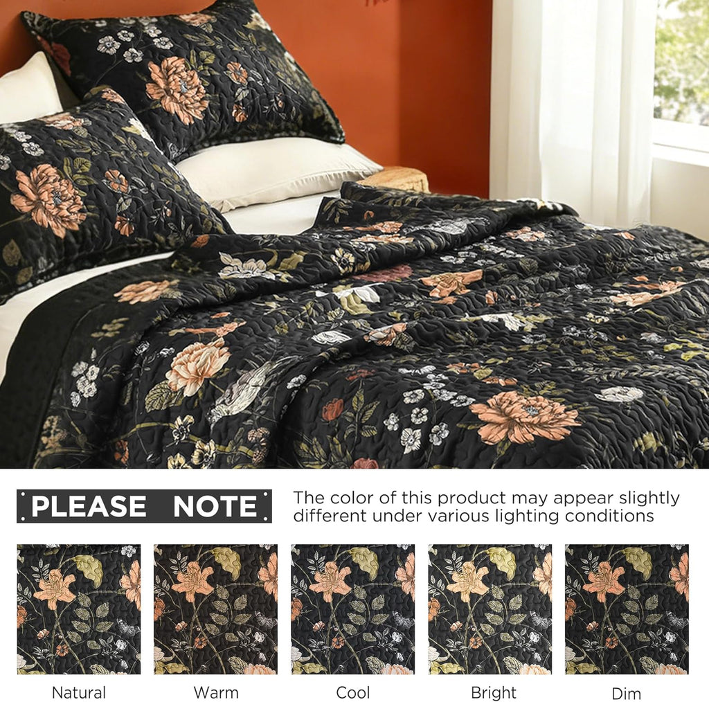 Floral Black Quilt - 3 Pieces Botanical Birds Pattern Quilt Bedding, Lightweight Soft Coverlet for All Seasons