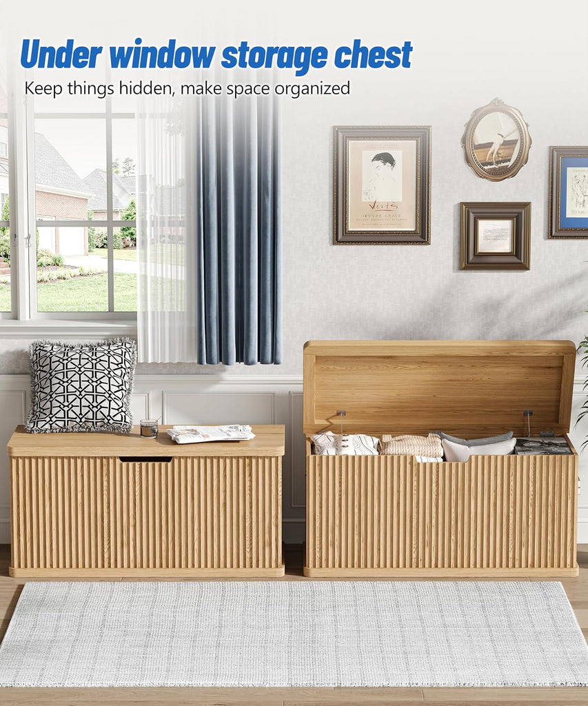 37.4" Fluted Storage Chest Wooden Storage Trunk 2 Safety Hinges Oak | Storage Chest with 2 Safety Hinges & Lift Top