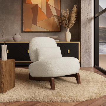 Boucle Chair, Upholstered Accent Chair Tilted Wooden Leg with Durable Comfy Boucle Pet-Friendly Thick Cushion &