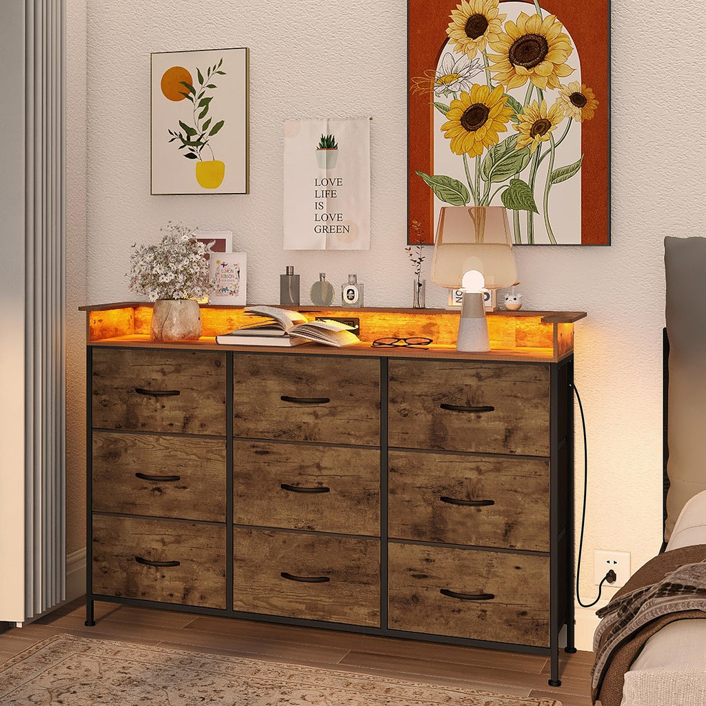 Industrial with Charging Station and LED Light Fabric Storage with 9 Fabric Drawers Chest of Drawers for Closet
