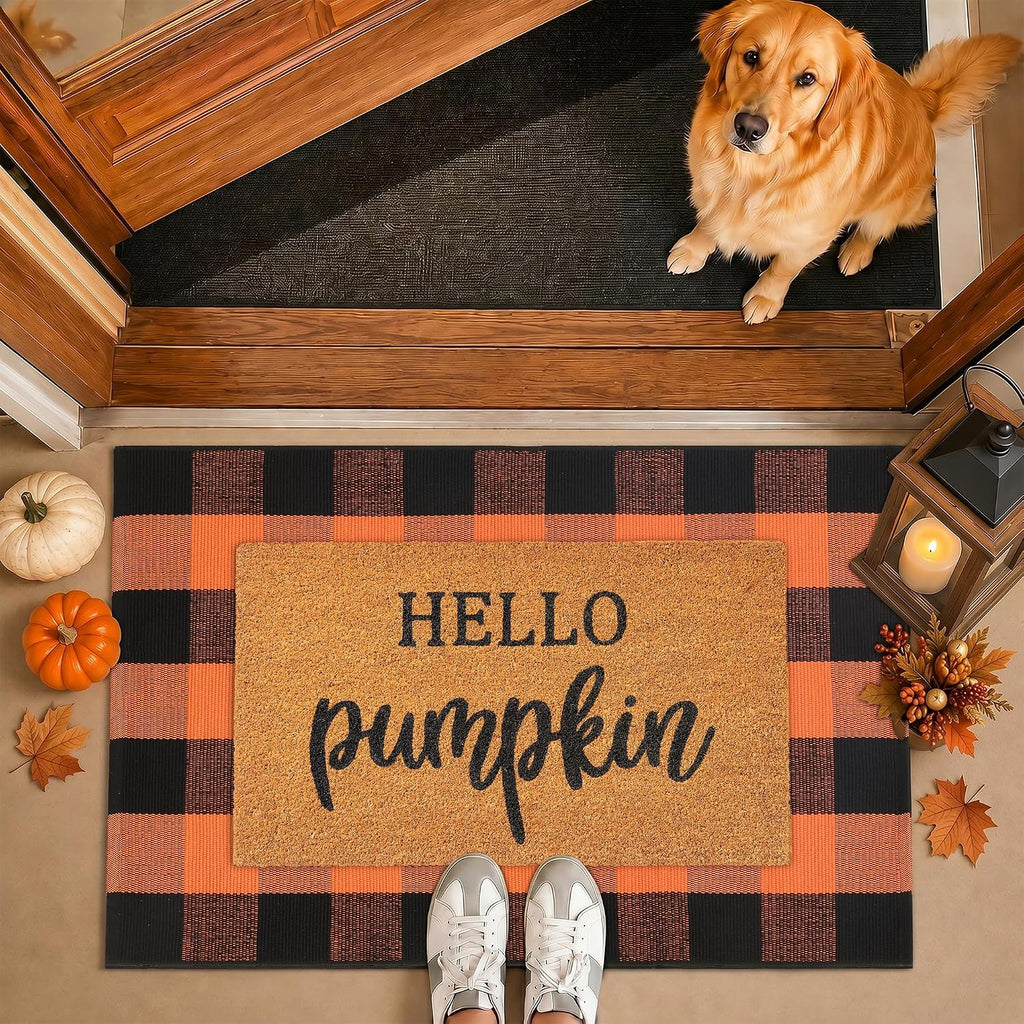 Fall Decor Door Mat Combo Set, 100% Coco Coir Welcome Mat + 28 x 43 Inches Orange and Black Plaid Rug- Fall - Set of 2