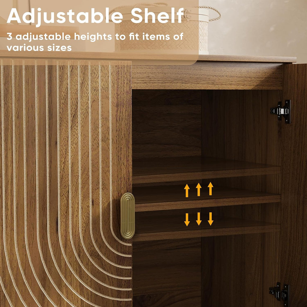 Walnut Sideboard Cabinet, Freestanding Buffet Cabinet with Line Groove Design, Wood Storage Cabinet with Adjustable