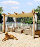 Modern Aluminum Outdoor Pergola with Retractable Canopy and Mesh Sides, Faux Wood Grain, Waterproof Gazebo for Patio