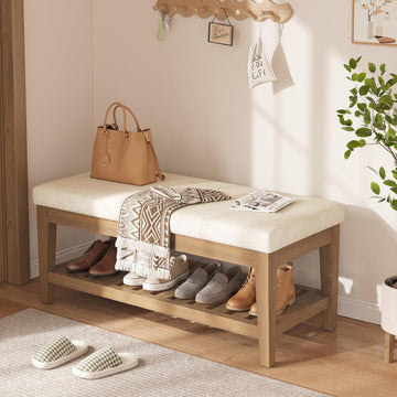 45" Shoe Rack Bench with Cushion, Solid Rubberwood Entryway Bench with Shoe Storage, Modern Chenille Upholstered Shoe