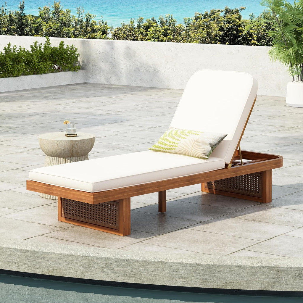 Acacia Wood Patio Chaise Lounge with Cushion, Outdoor Patio Sun Lounger Recliner Chair, Adjustable Backrest