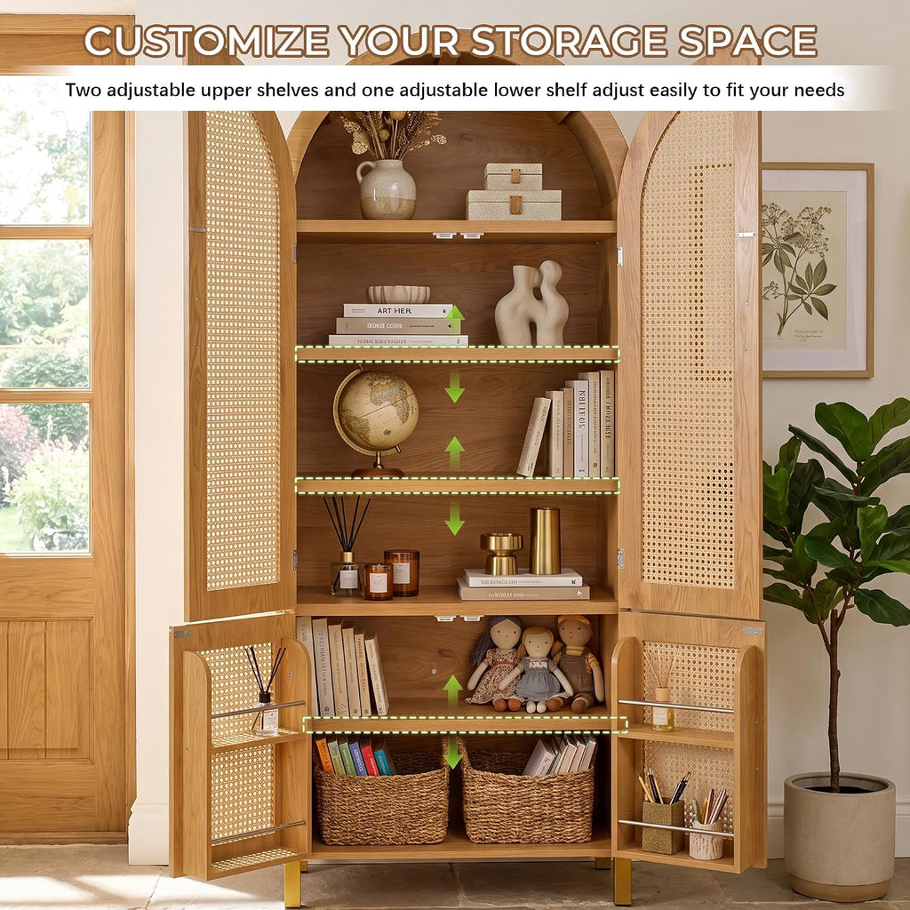 71" Tall Arched Rattan Storage Cabinet with 4 Doors & Adjustable Shelves, Farmhouse Freestanding Cupboard with