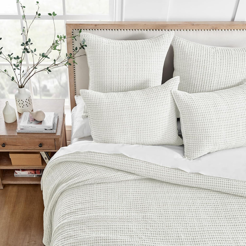 Bedspread Set with Pillow Shams - Cream - Cotton Waffle Bedspread Set