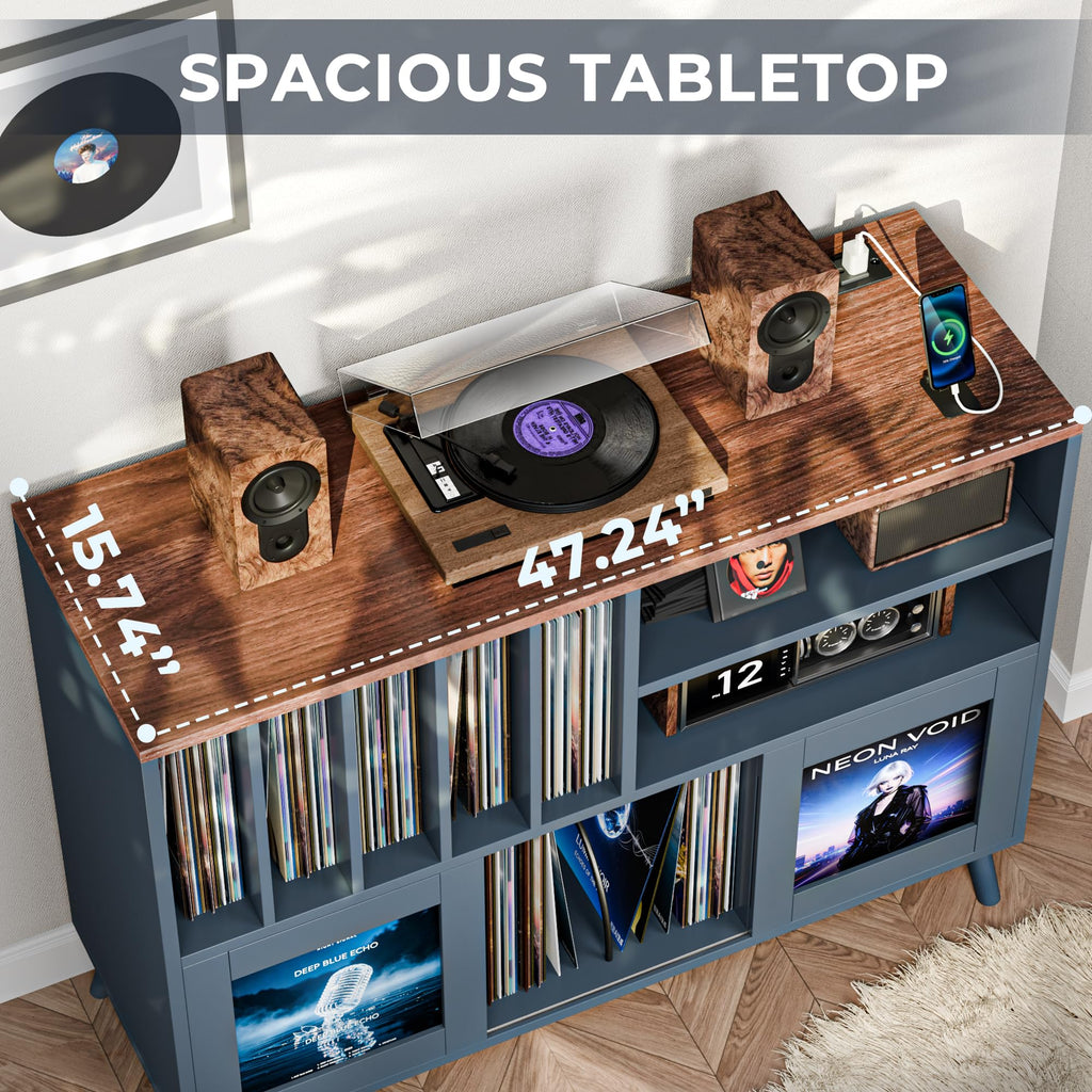 XL Record Player Stand with Sliding Doors, 500+ Vinyl Record Storage Cabinet
