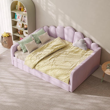 Queen Size Upholstered Daybed with Trundle, Velvet Corner Bed Frame with Shell Shaped Headboard for Kids Teens