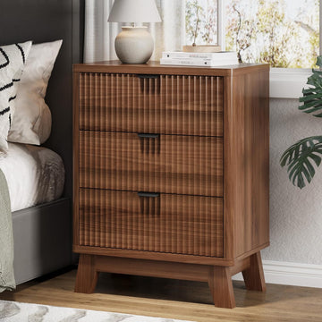 Fluted Nightstand with 3 Storage Drawers, 24" Wide Wood Bedside Table with Mental Handle, Mid Century Modern Wooden