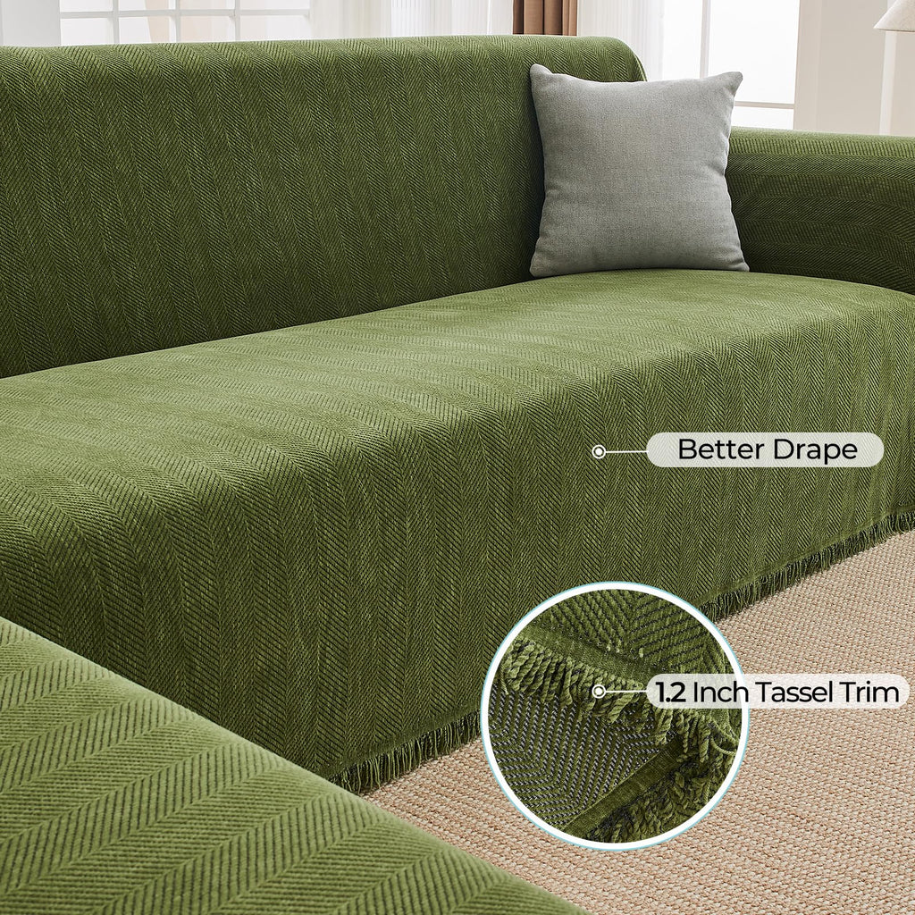 Herringbone L Shaped Couch Cover for Sectional Sofa, 2 Pcs, Green